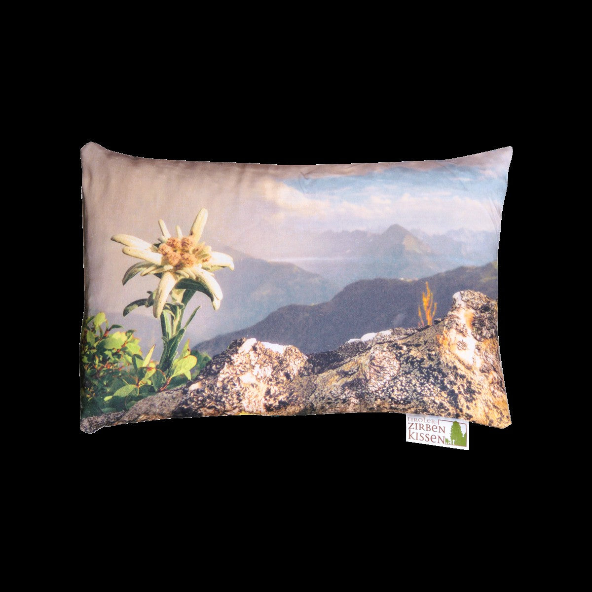Tiroler Zirbenkissen mit Fotodruck: Berglandschaft mit Edelweiß, 30x20cm