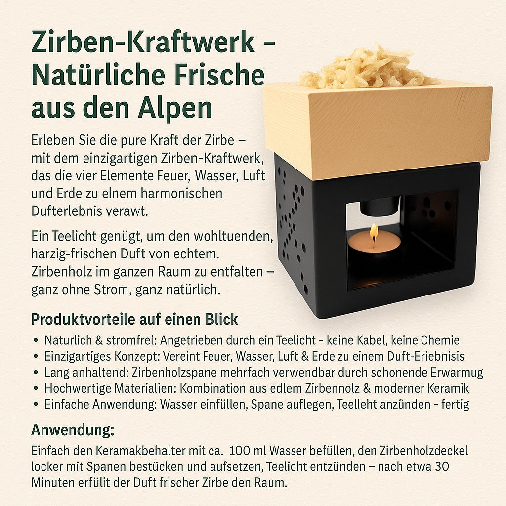 Tiroler Zirben Diffuser „Zirben Kraftwerk“ Raumduft & Lufterfrischer mit Zirbenholzspänen