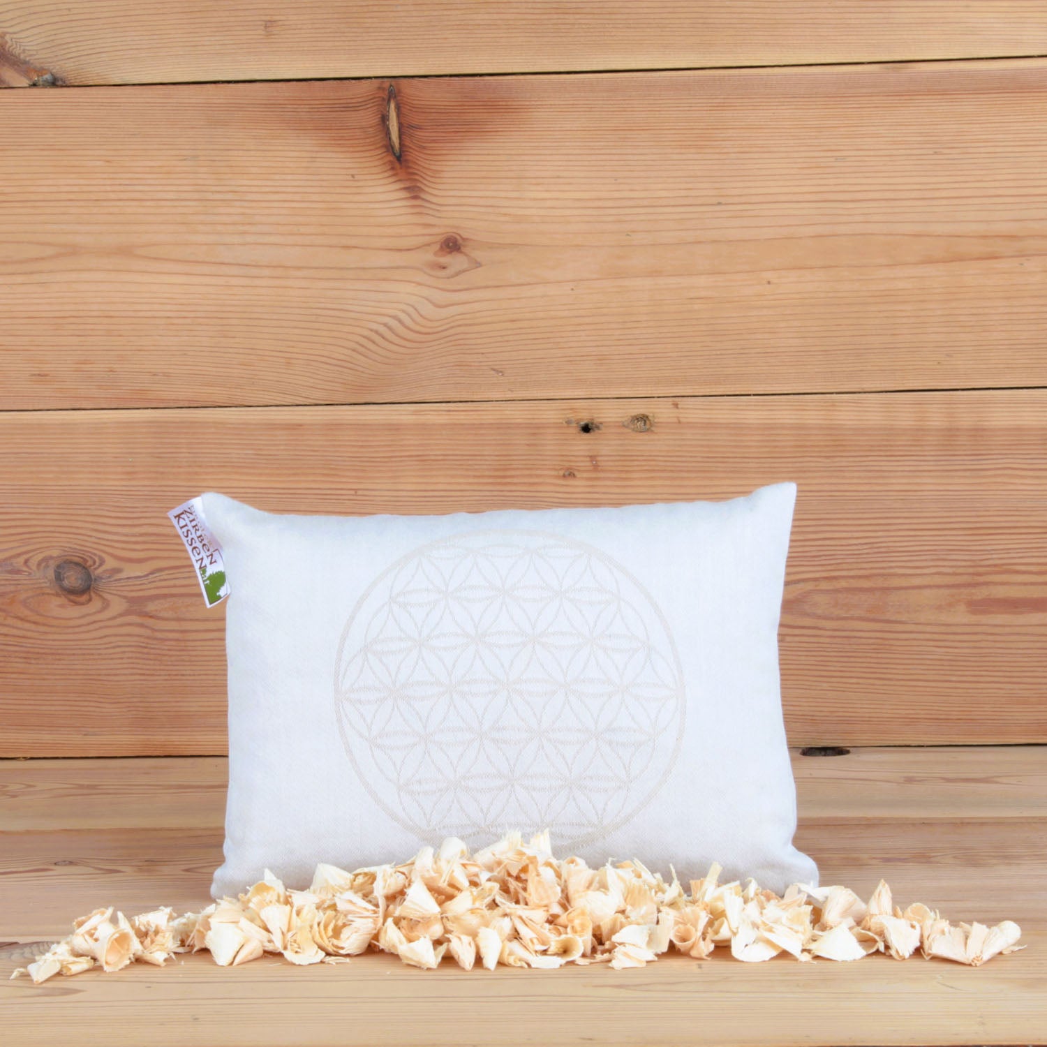Tiroler Bio-Zirbenkissen "Blume des Lebens" beige, 25x18cm, klein