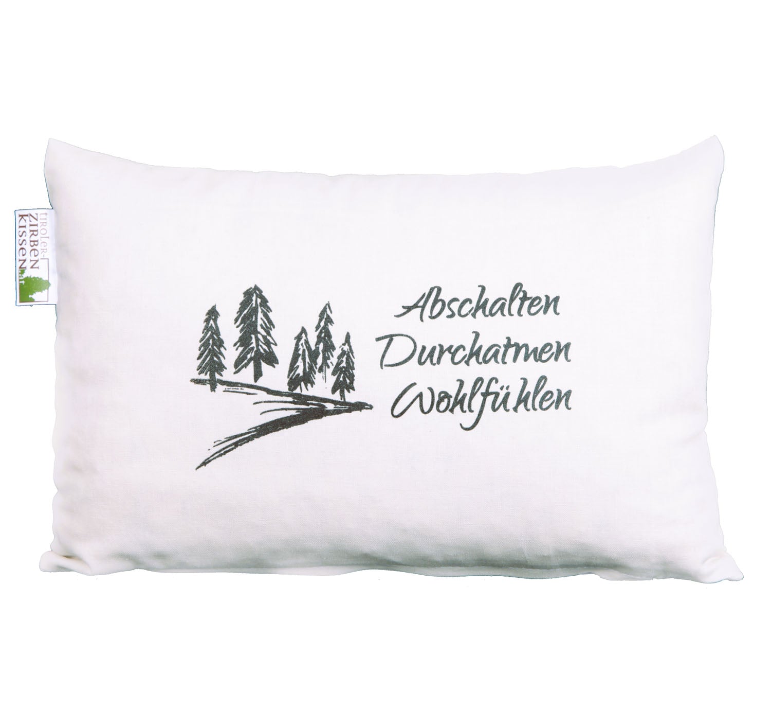 Tiroler Zirben-Entschleunigungskissen: "Abschlaten-Wohlfühlen", beige, 30x20cm