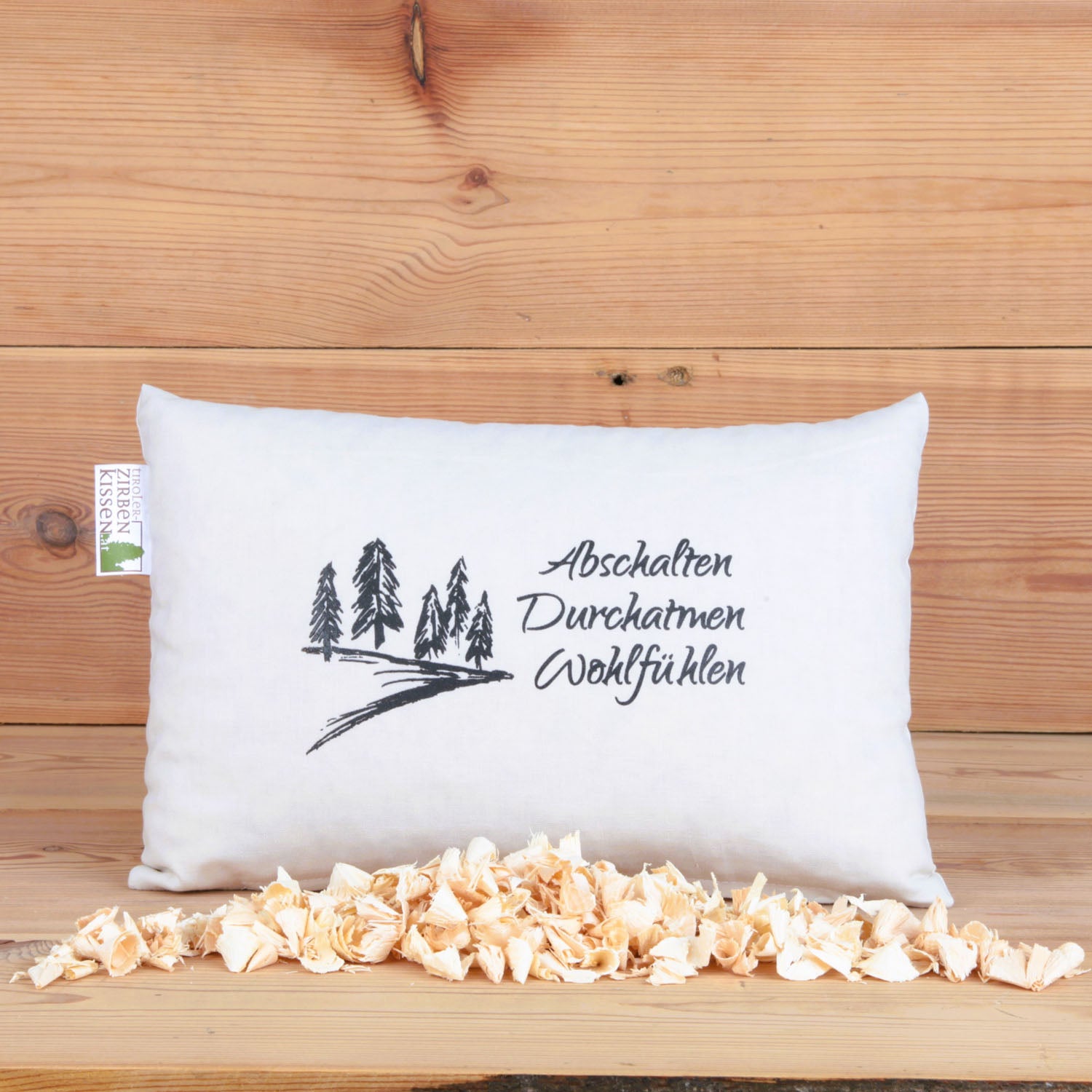 Tiroler Zirben-Entschleunigungskissen: "Abschlaten-Wohlfühlen", beige, 30x20cm