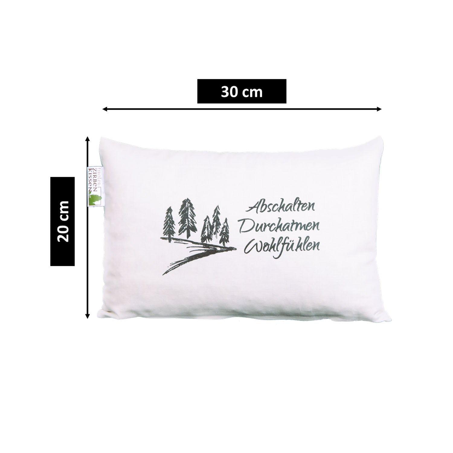 Tiroler Zirben-Entschleunigungskissen: "Abschlaten-Wohlfühlen", beige, 30x20cm