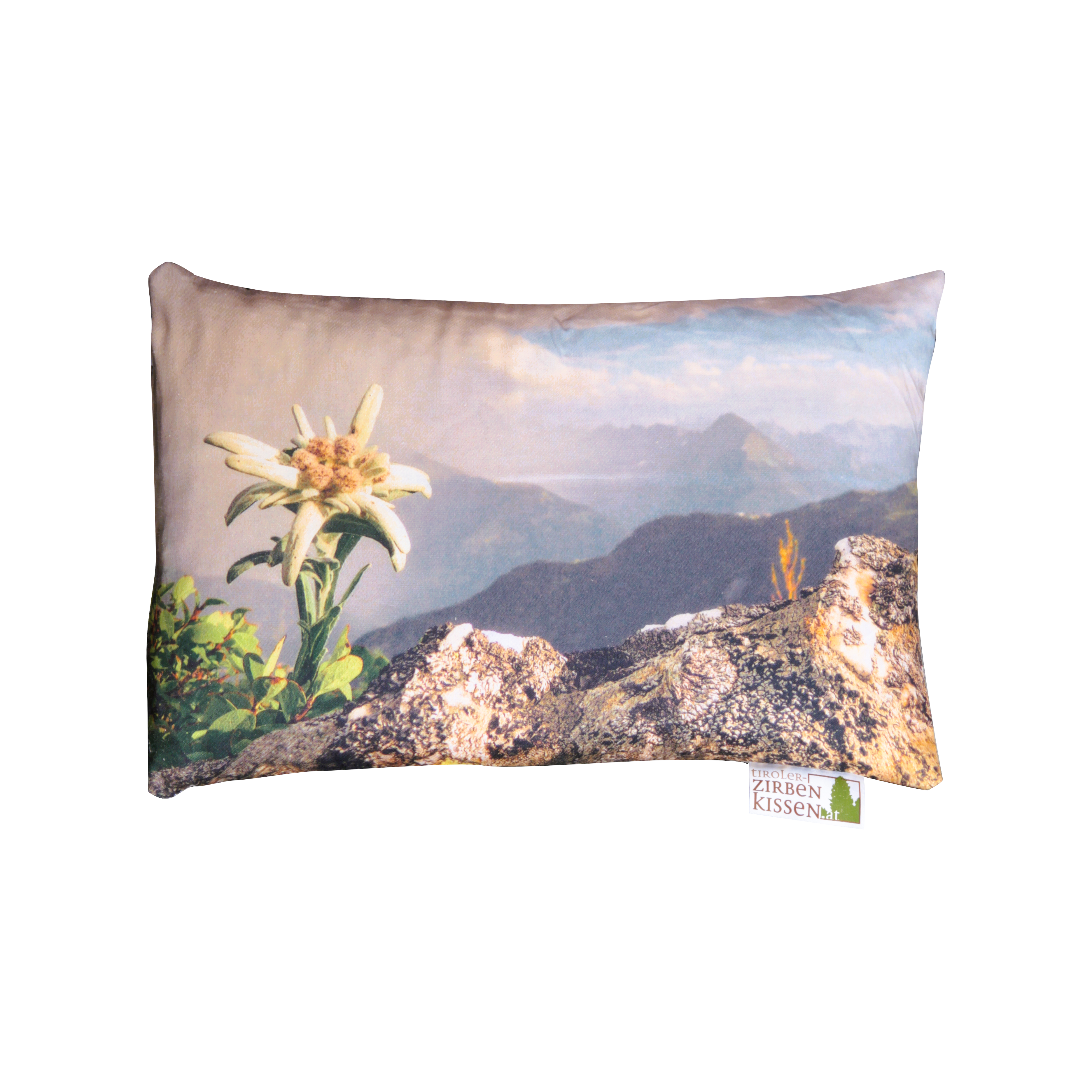 Tiroler Zirbenkissen mit Fotodruck: Berglandschaft mit Edelweiß, 30x20cm