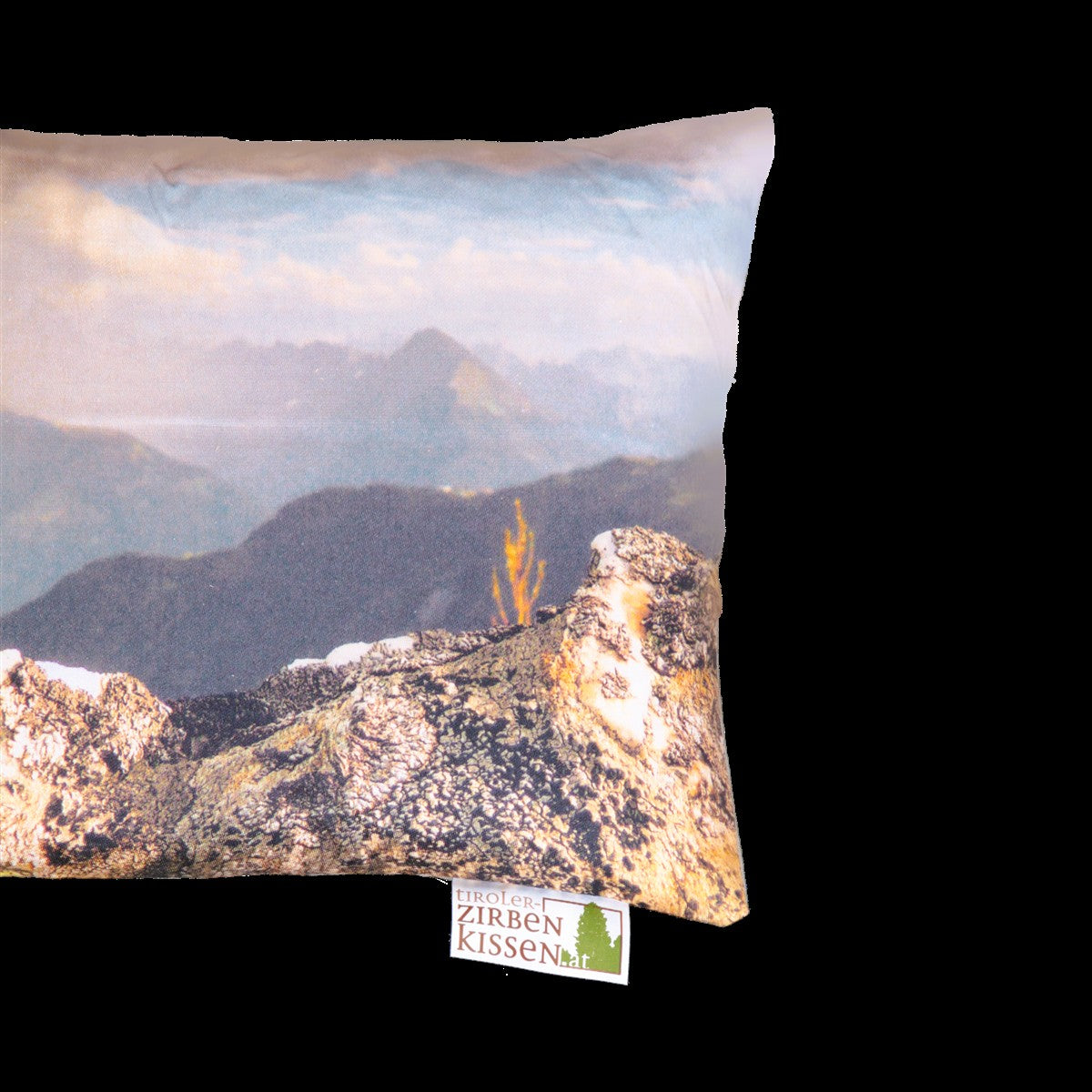 Tiroler Zirbenkissen mit Fotodruck: Berglandschaft mit Edelweiß, 30x20cm