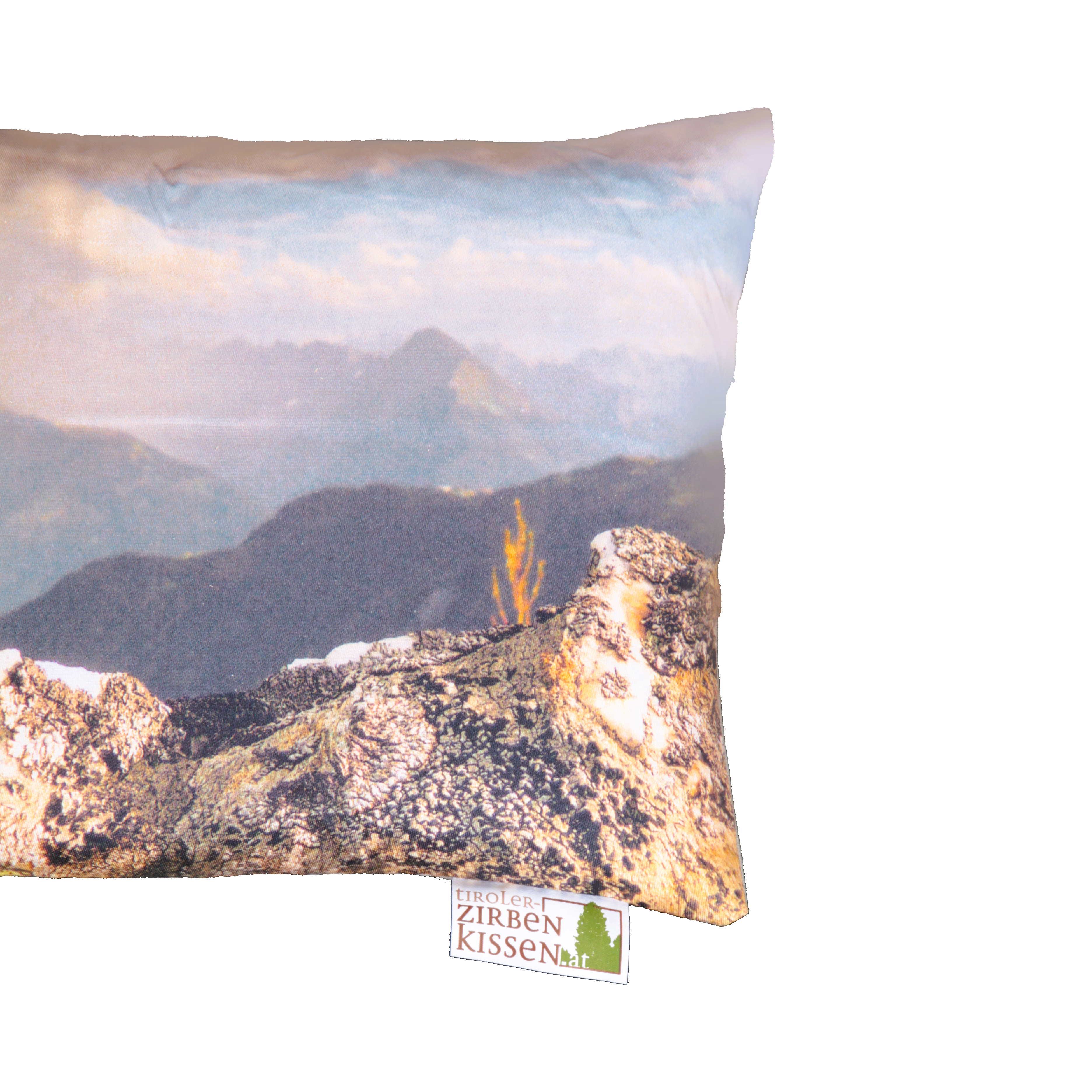 Tiroler Zirbenkissen mit Fotodruck: Berglandschaft mit Edelweiß, 30x20cm