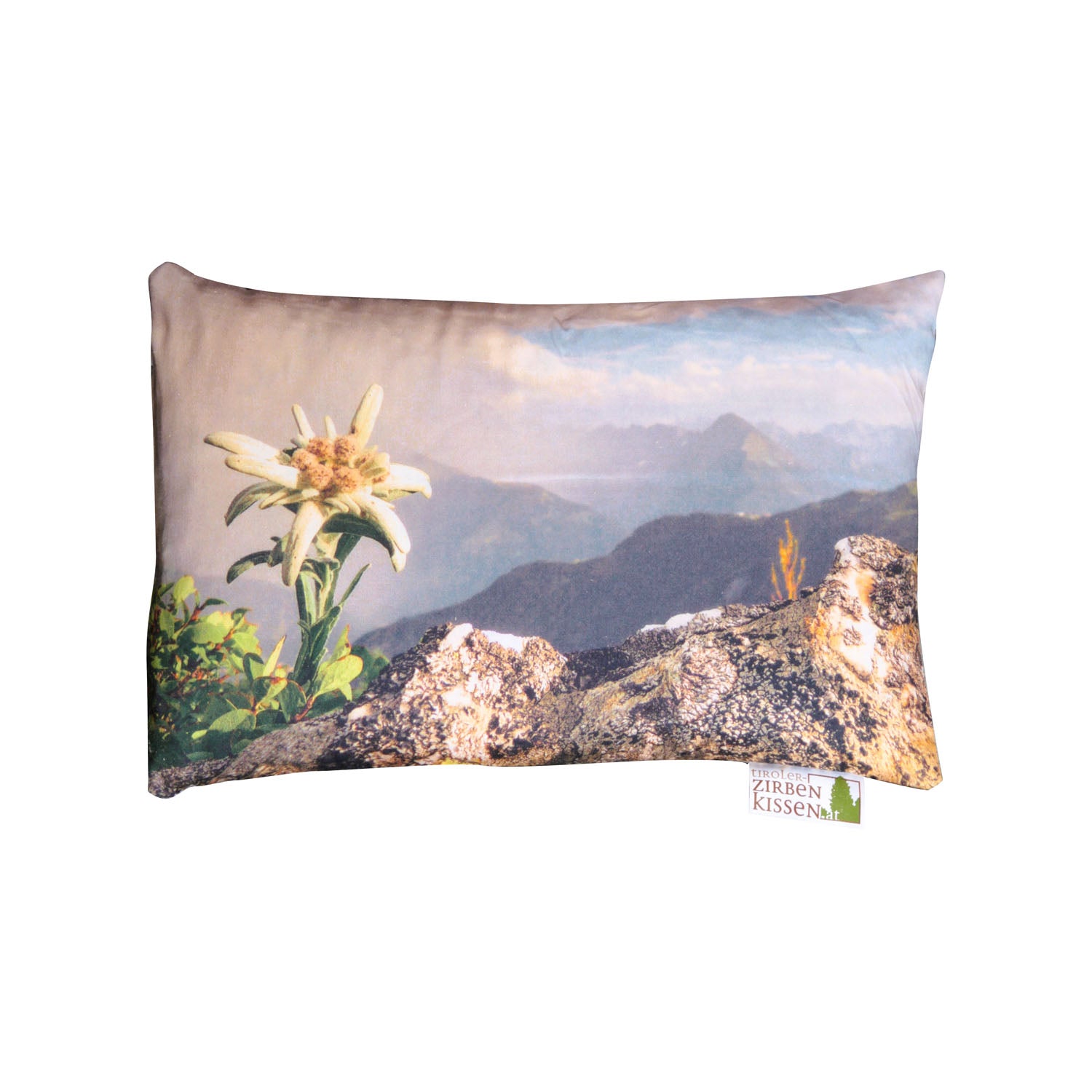 Tiroler Zirbenkissen mit Fotodruck: Berglandschaft mit Edelweiß, 30x20cm