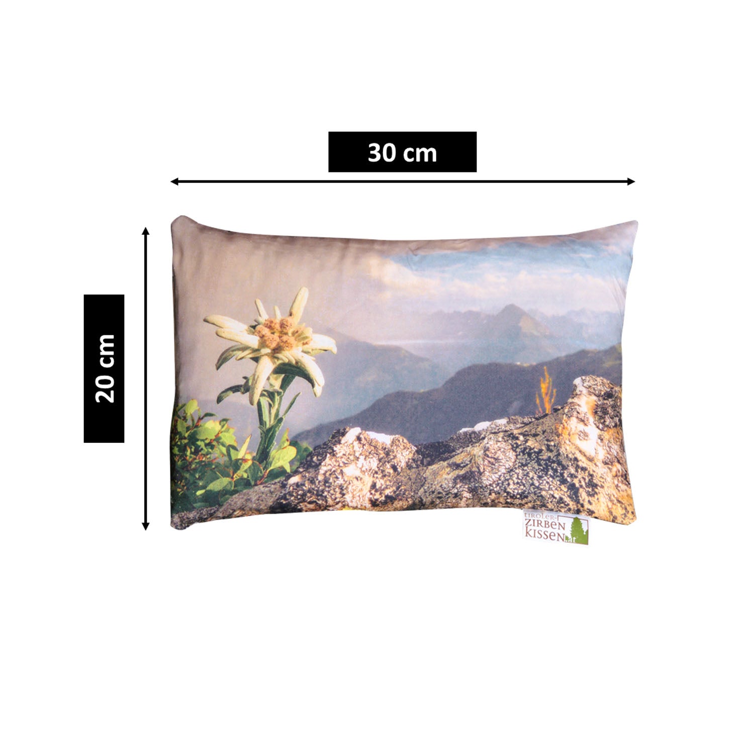 Tiroler Zirbenkissen mit Fotodruck: Berglandschaft mit Edelweiß, 30x20cm