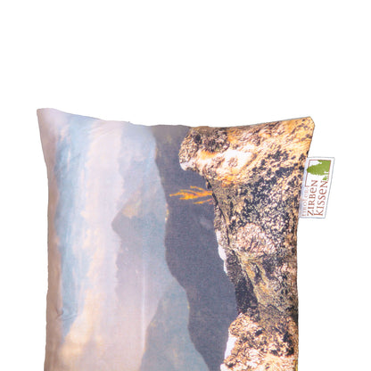 Tiroler Zirbenkissen mit Fotodruck: Berglandschaft mit Edelweiß, 30x20cm