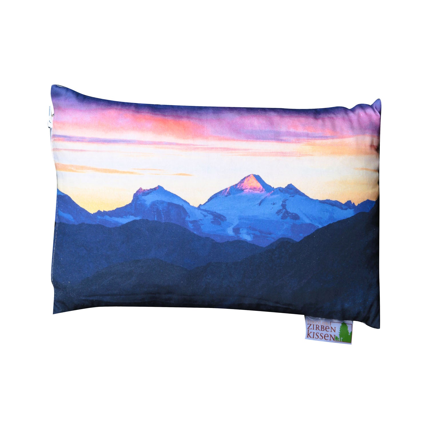 Tiroler Zirbenkissen mit Fotodruck: Berglandschaft im Abendrot, 30x20cm