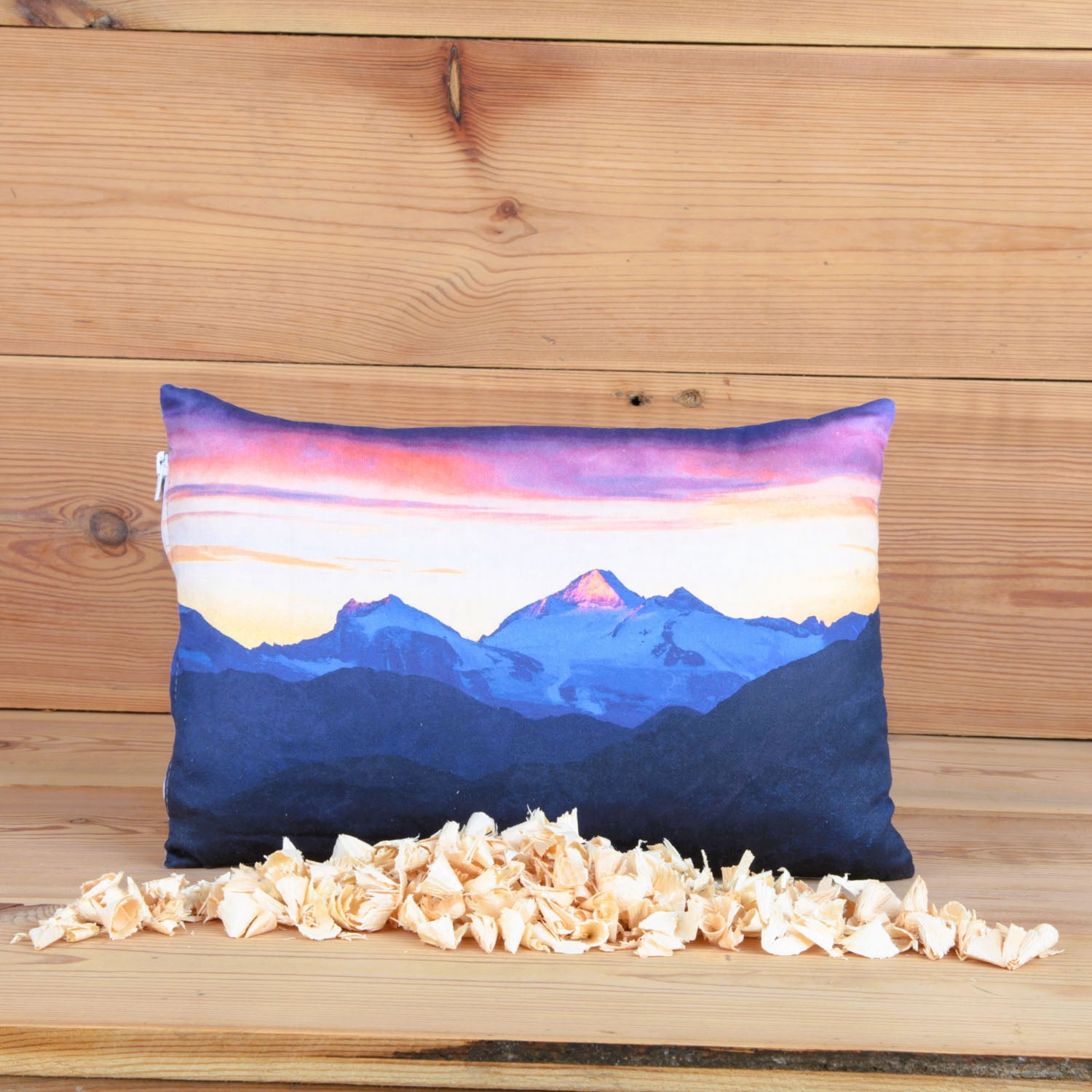 Tiroler Zirbenkissen mit Fotodruck: Berglandschaft im Abendrot, 30x20cm