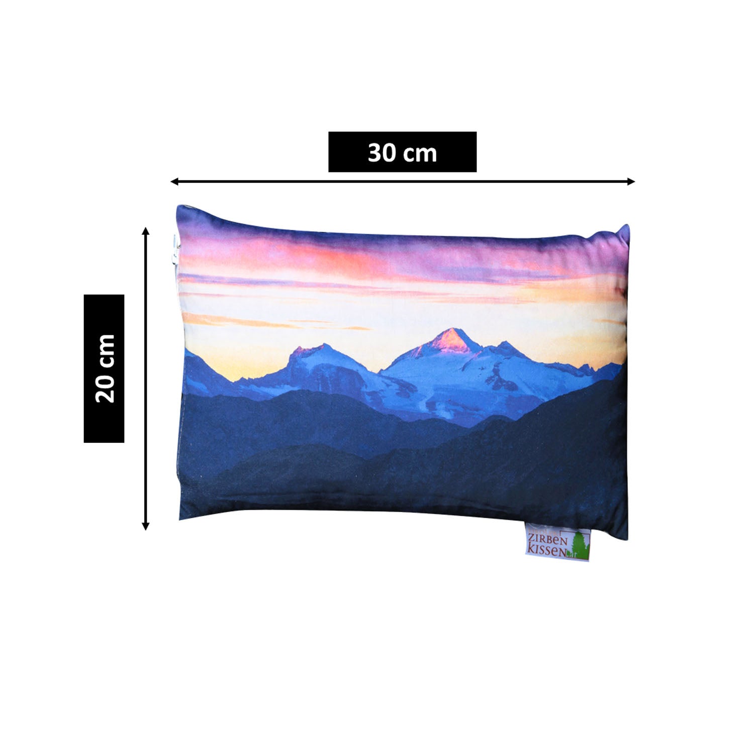 Tiroler Zirbenkissen mit Fotodruck: Berglandschaft im Abendrot, 30x20cm