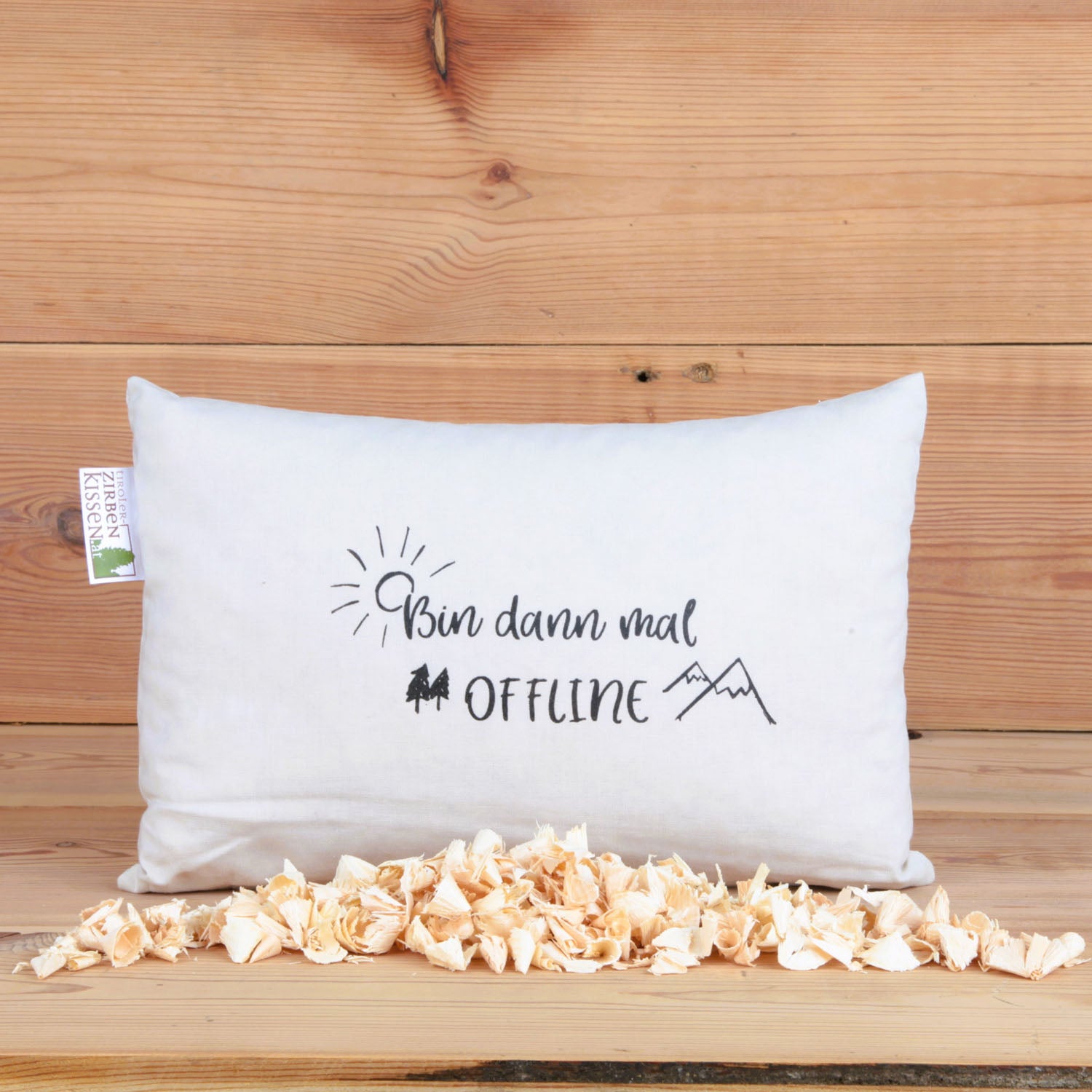 Tiroler Zirben-Entschleunigungskissen: "Bin dann mal Offline", beige, 30x20cm