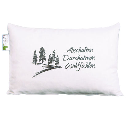 Tiroler Zirben-Entschleunigungskissen: "Abschlaten-Wohlfühlen", beige, 30x20cm